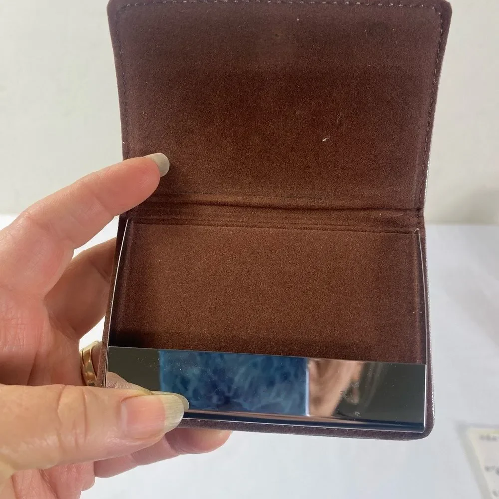 Vintage Silver Leather and Brown Card Holder Hollywood Regency